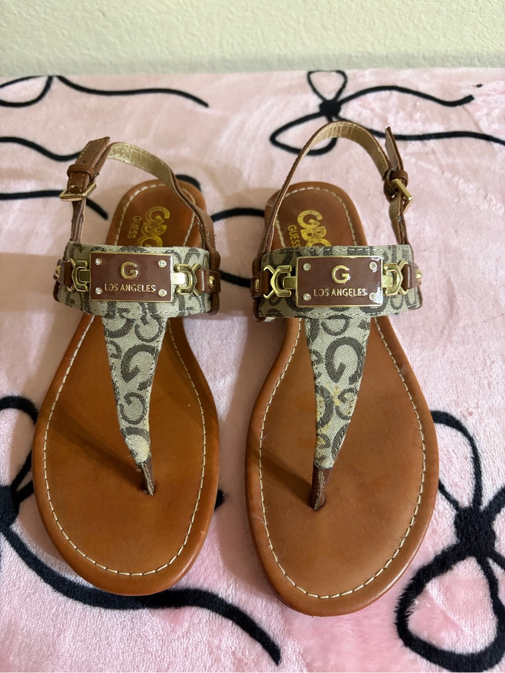 G by Guess Brown and Tan Logo T-strap Sandals